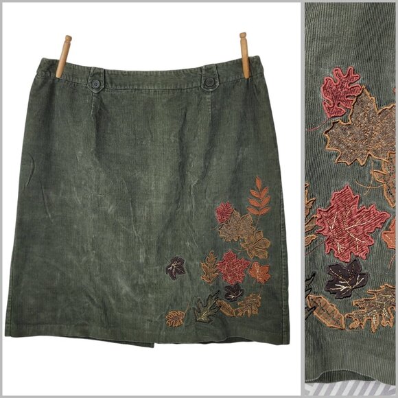 Norton Corduroy Pencil Skirt Plus 20W 20 Alt Slit Embroidered Leafs Fall Autumn - Picture 1 of 7